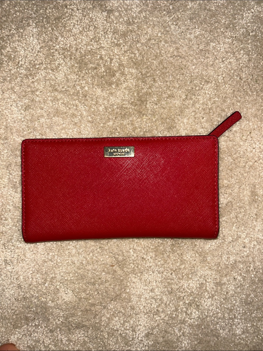 kate spade Red Saffiano Zip Wallet with Gold Logo Plaque